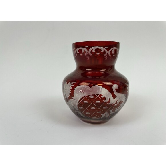 Vintage Egermann Czech Ruby Red Cut to Clear Etched Glass Mini Vase 3" - Picture 9 of 14